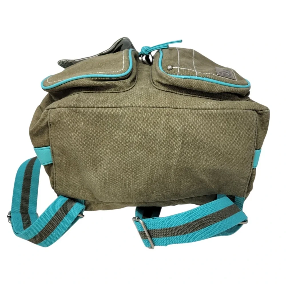 Vtg Roxy Canvas Backpack‎ Olive Green Turquoise Trim Floral Y2K Surfer Girl